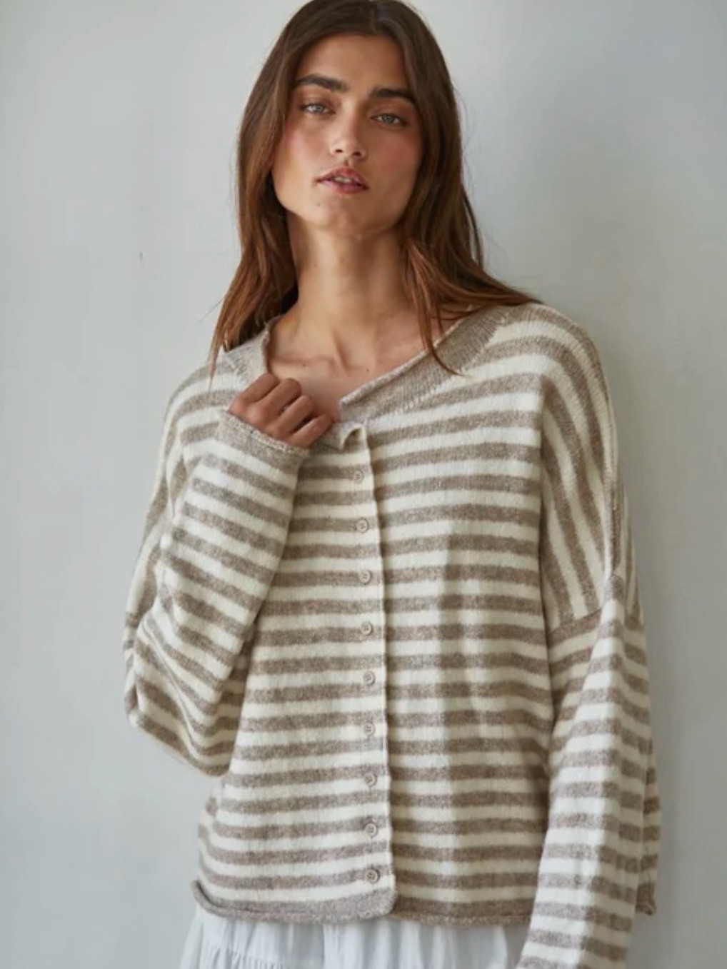 Nwt Things Between Striped Button-Front Cardigan Sweater In Cream & Taupe